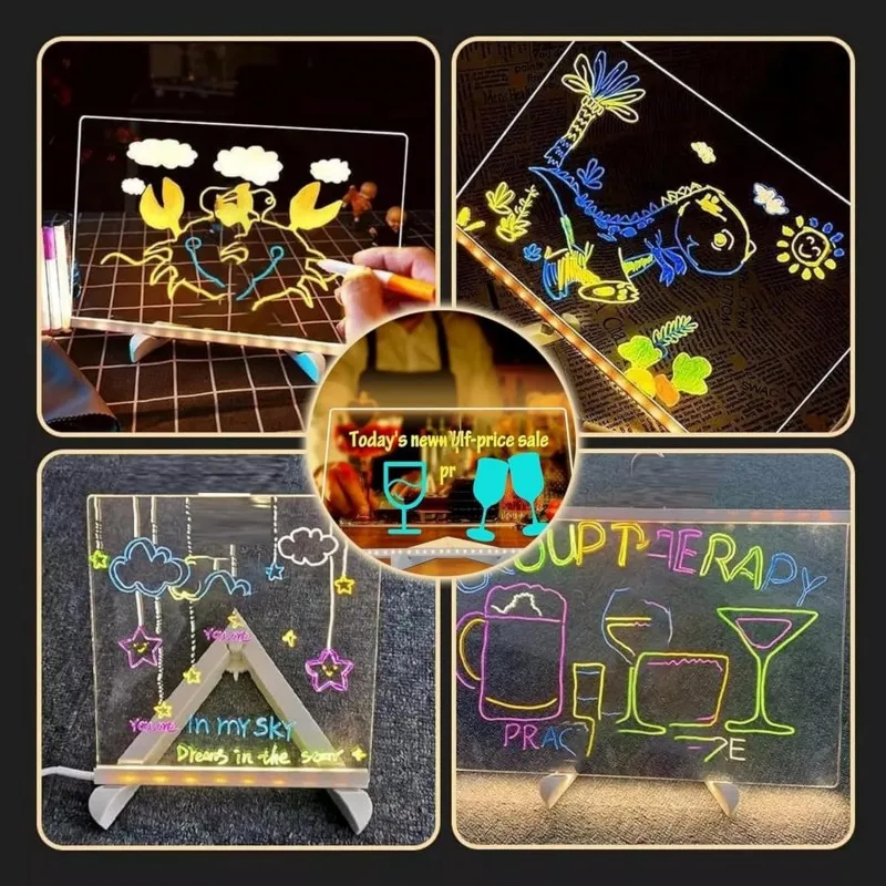 

LED Note Board With Night Light Colorful 7 Pens DIY Acrylic Message Board Children‘s Drawing Board For Kids Birthday Gift