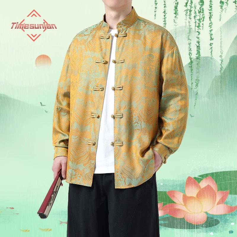 Camicia da uomo setosa in stile cinese Primavera Autunno Vestibilità ampia Costume retrò Tang Hanfu Camicia di lusso con motivo floreale abbottonato per uomo