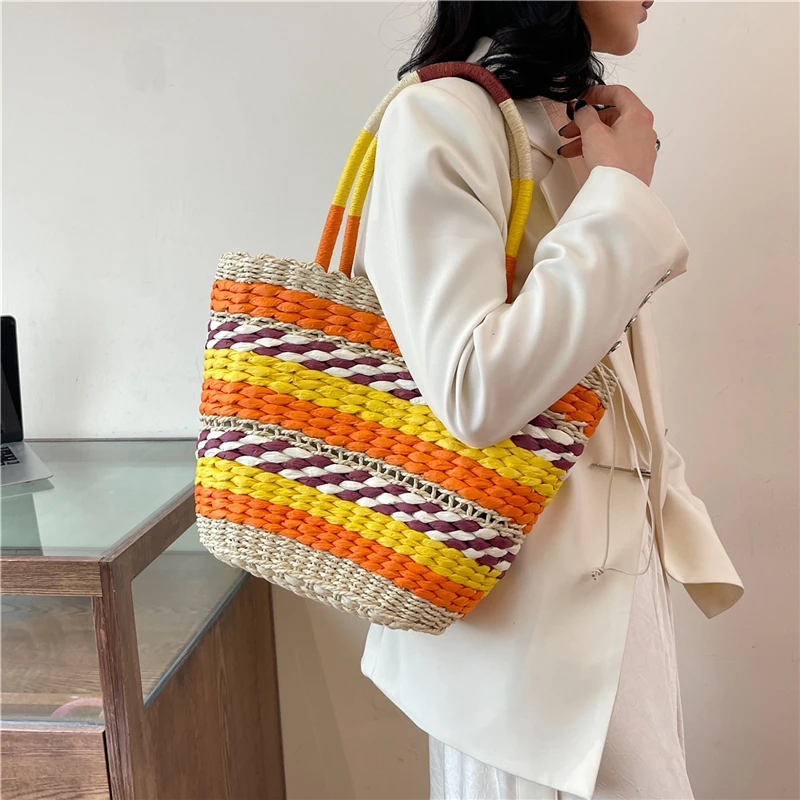 Summer Lady Shoulder Bag Hand woven Straw Bags High quality Splice Female Handbags Designer Women Bag Bohemian Casual Beach Bags