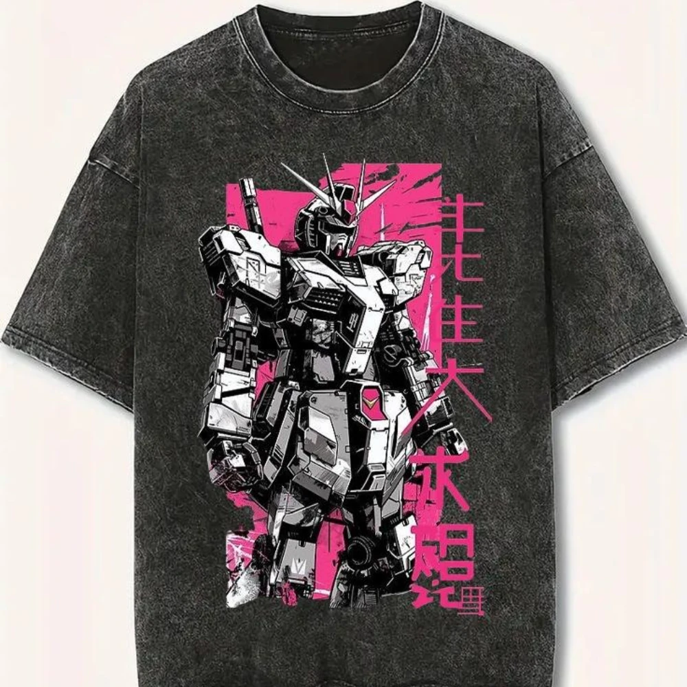 X-78-2 Gundam Washed T-Shirt für Herren, rosa, rot, Grafik-T-Shirt, 100 % Baumwolle, japanischer Kalligrafie-Druck, übergroßes Retro-Mecha-Streetwear-Oberteil