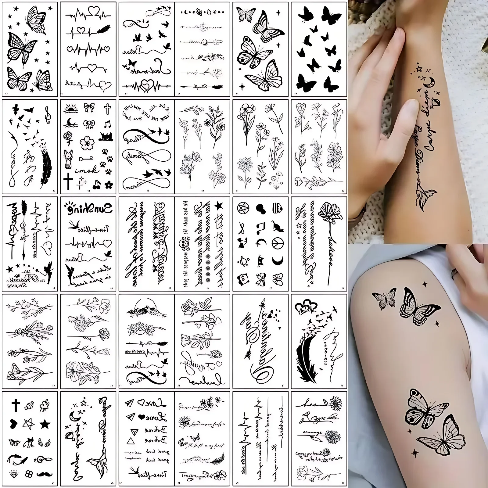 60pcs/set Fake Tatoo Waterproof Letters Butterfly Cross Tiny Tatoos Temporary Waterproof for Women Girls Finger Body Party Decor