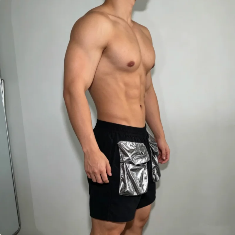 Men Summer Casual Sport Pocket Shorts Singer Stage Dance Party Bar Shorts Fitness Running Loose Speed Drying Breathable Shorts