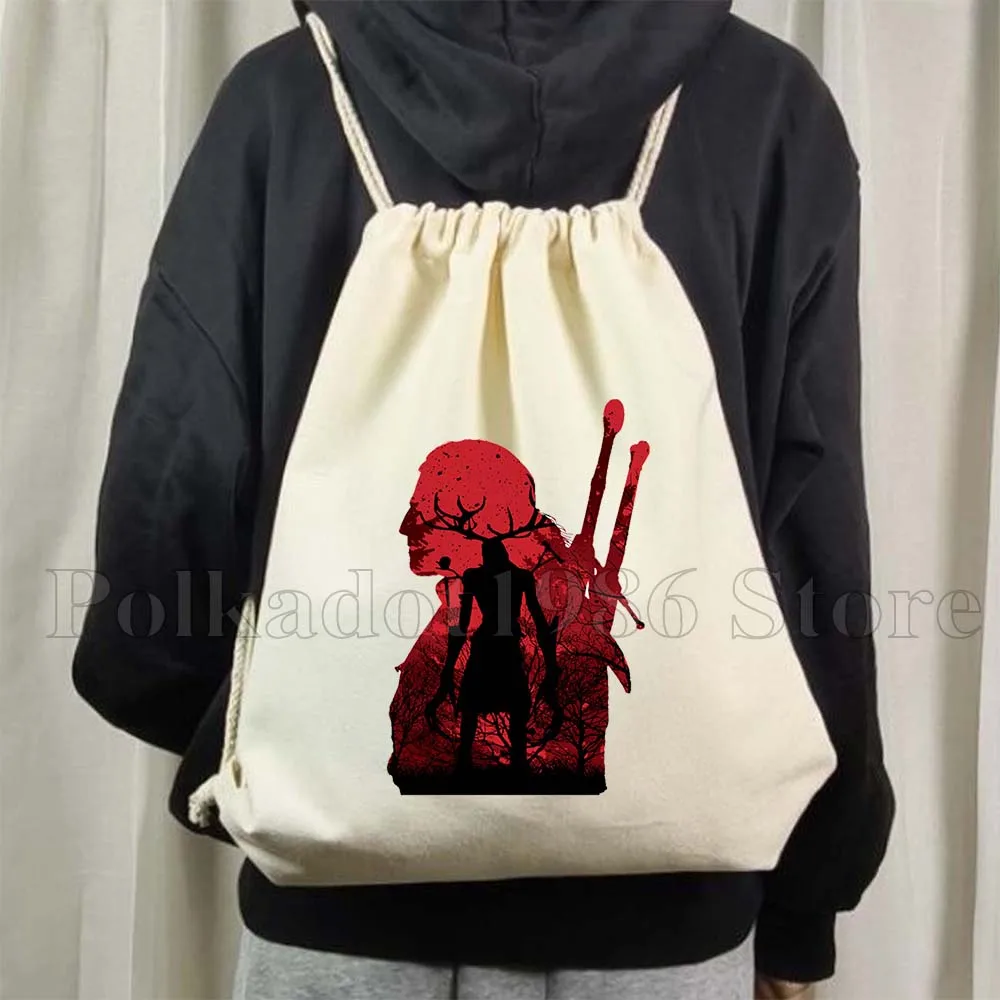 The Wild Hunt Fan Gifts Men Women Geralt Print Canvas Drawstring Soccer Backpack Gym Sackpack String Bag for Hiking Sports Yoga