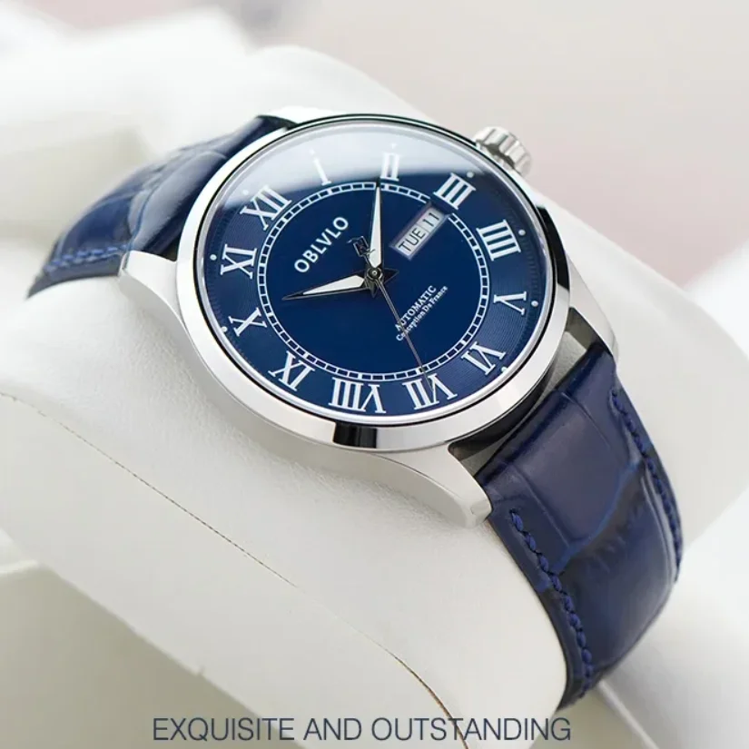 OBLVLO ผู้ชายนาฬิกาอัตโนมัติ 41 มม.นาฬิกาข้อมือ 5ATM กันน้ํา Sapphire Luminous Dual ปฏิทินวันที่สัปดาห์