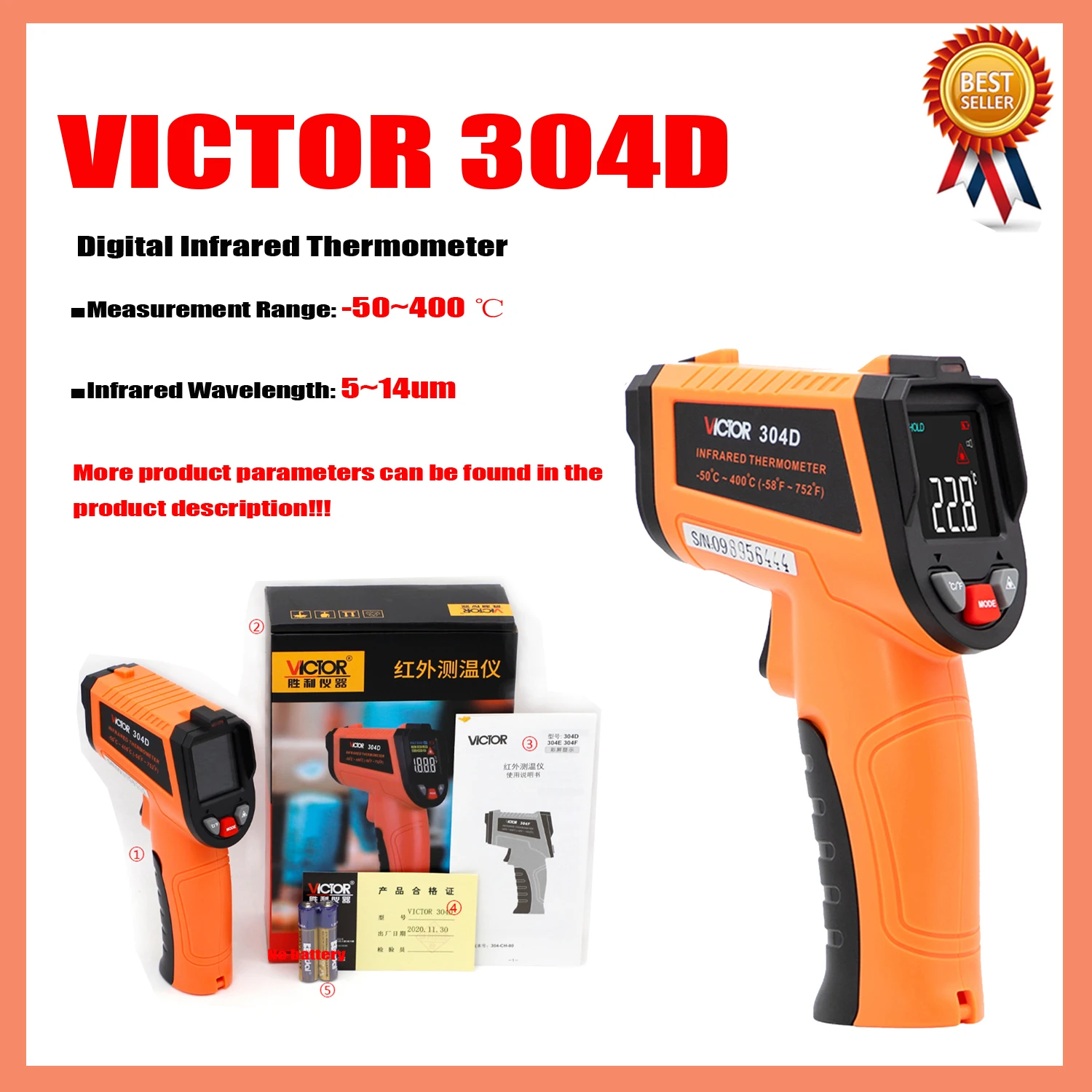 

VICTOR 304D 304E 304F Digital Infrared Thermometer -50-900°C Laser Temperature Meter Non-contact Pyrometer Imager Hygrometer.