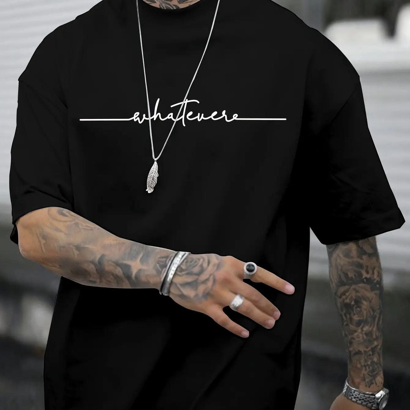 Men's Black T-Shirt with Whatever Graphic Comfortable Casual Short Sleeve Tee Urban Streetwear Style Simple and Stylish Design