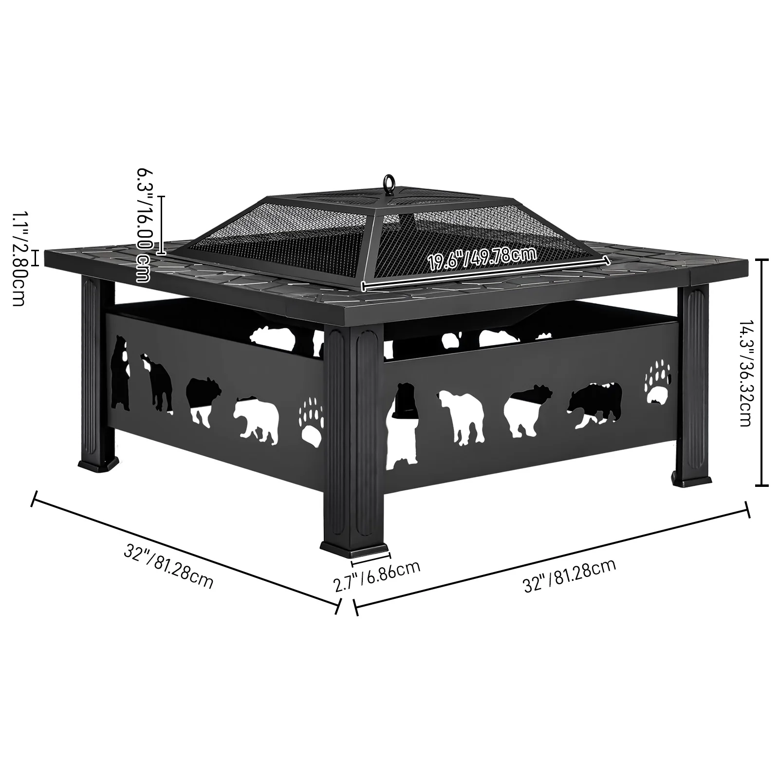 32 Inch Square Outdoor Wood Burning Fire Pit Table, Heavy Duty Wrought Iron Firepit with Pyramid Spark Screen Lid & Fire Poker, Decorative Bear Cutout Patio Fire Pit for Backyard, Garden, Lawn and Camping, Black