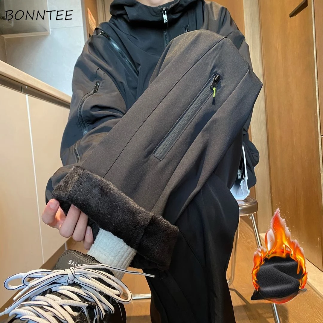 

Men Casual Pants Plus Velvet Thicker Keep Warm Waterproof Zipper Design All-match Sporty Streetwear Baggy Trousers Handsome 2024