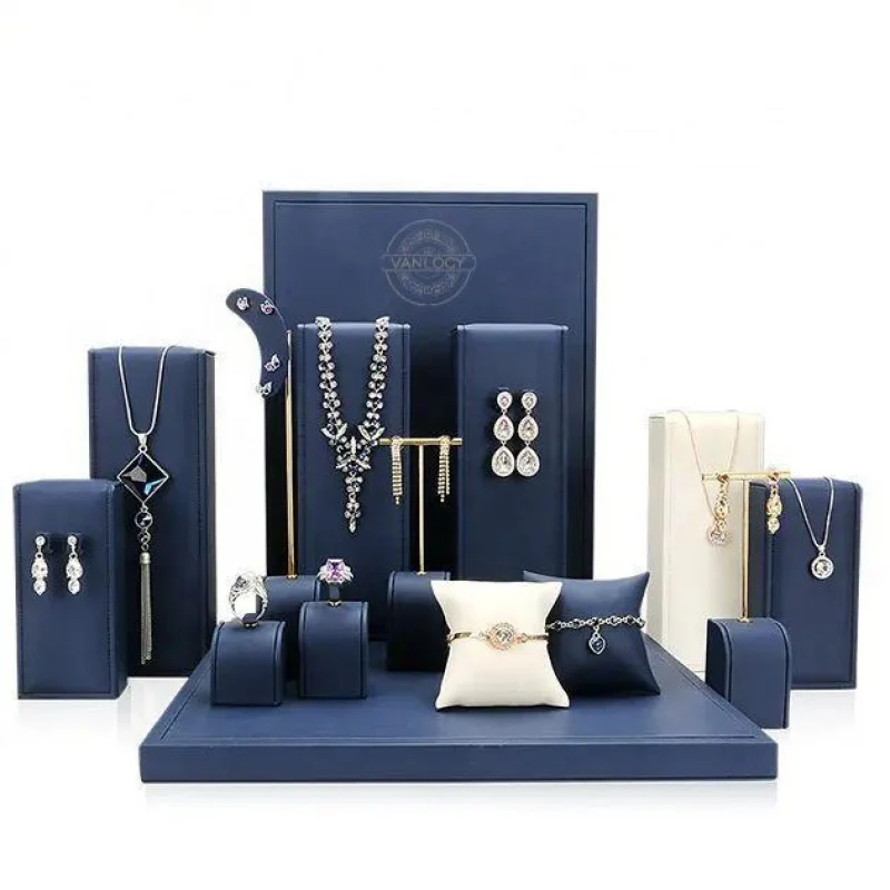 Sitte. Vanlocy Mode maßge schneiderte Lammfell Leder blau Schmuck Display Requisiten Set Schmuck Display Stand