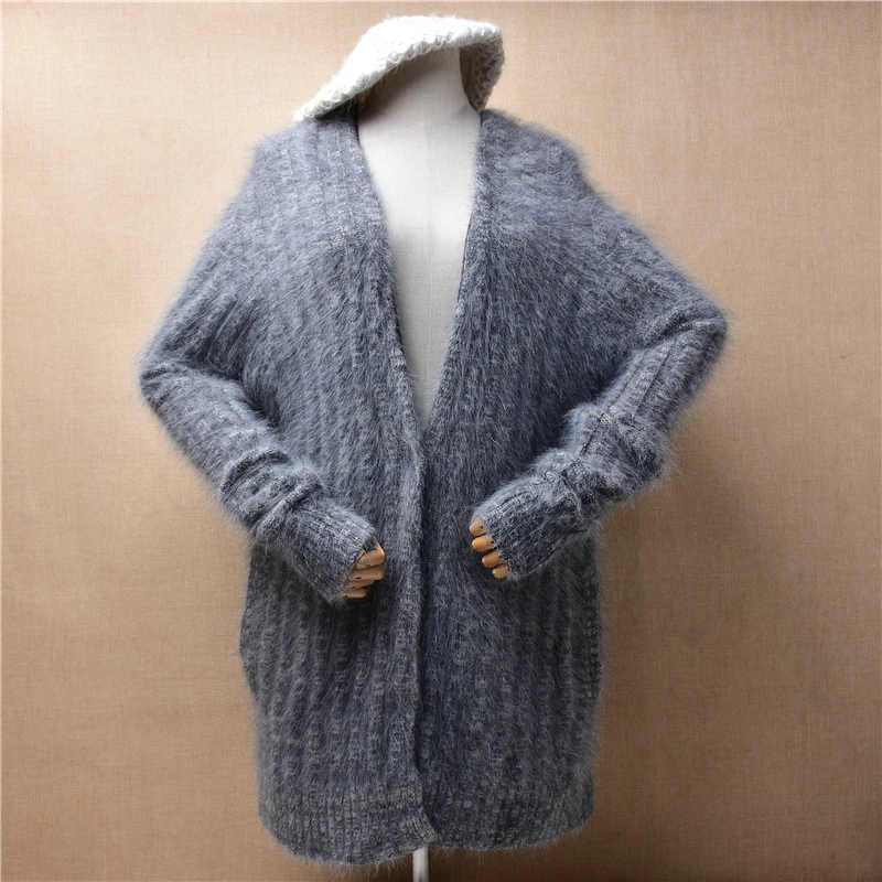 Women Mujer Autumn Winter Grey Striped Hairy Mink Cashmere Knitted V-Neck Long Sleeves Loose Long Sweater Cardigans Mantle Coat