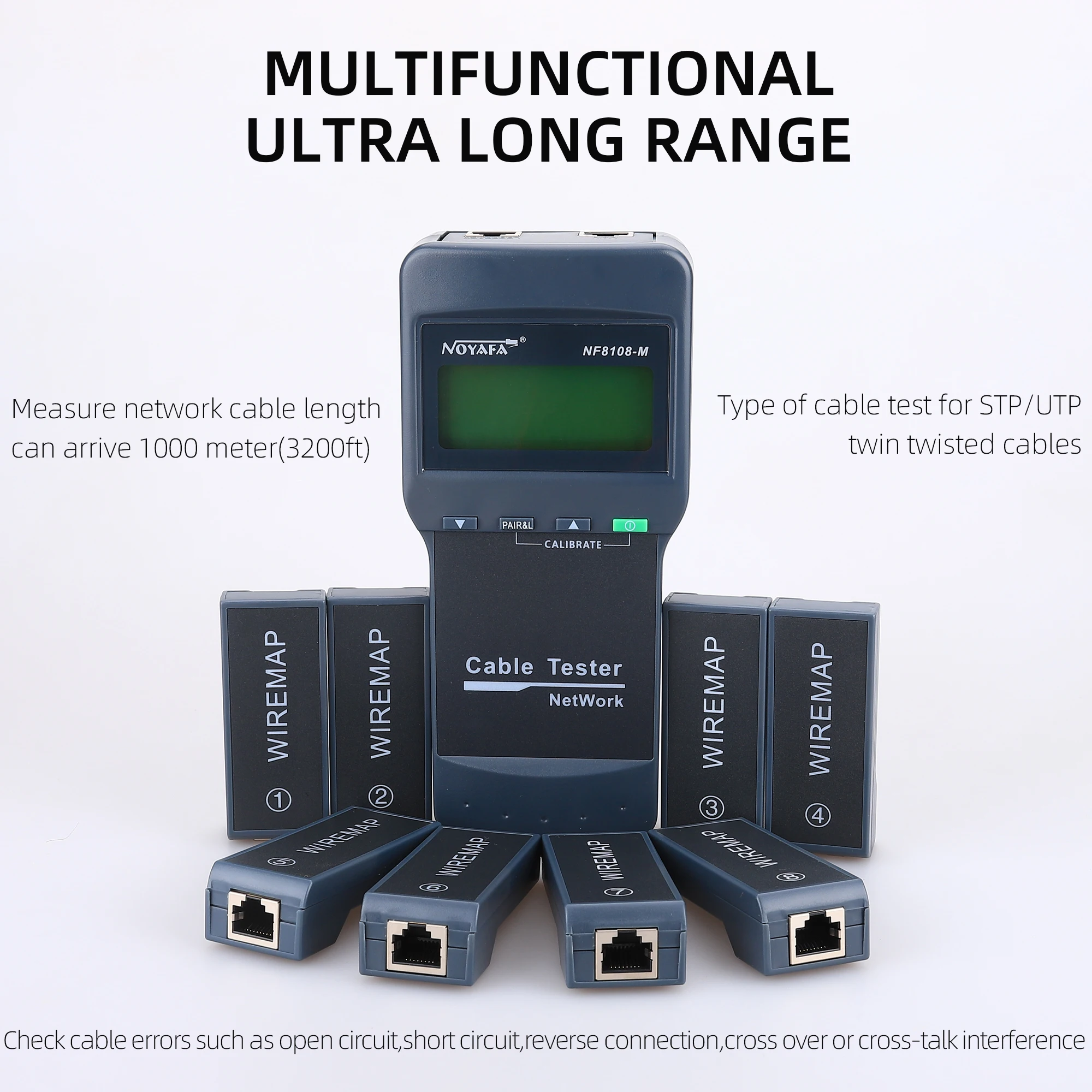 FTTH Cable Length Tester NF-8108M Network Cable Continuity Testing Cat5E/ 6E UTP STP CAT5 RJ45 With 8 Remote