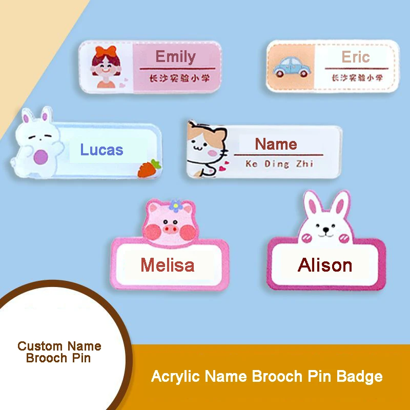 Aangepaste naambadge cartoon patroon acryl broche voor student school embleem pin tag badget cadeau