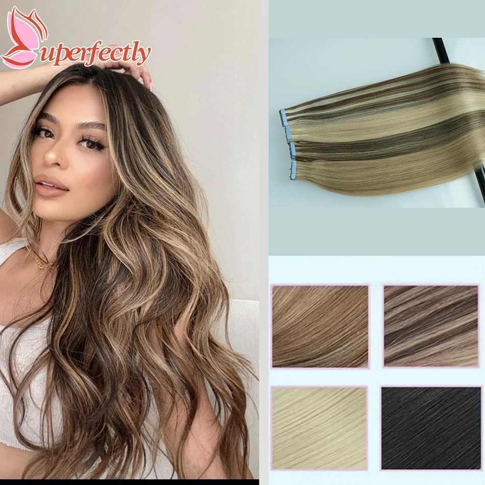 Uperfectly Straight Tape In Human Hair Extension Ombre Color Seamless Skin Weft 12