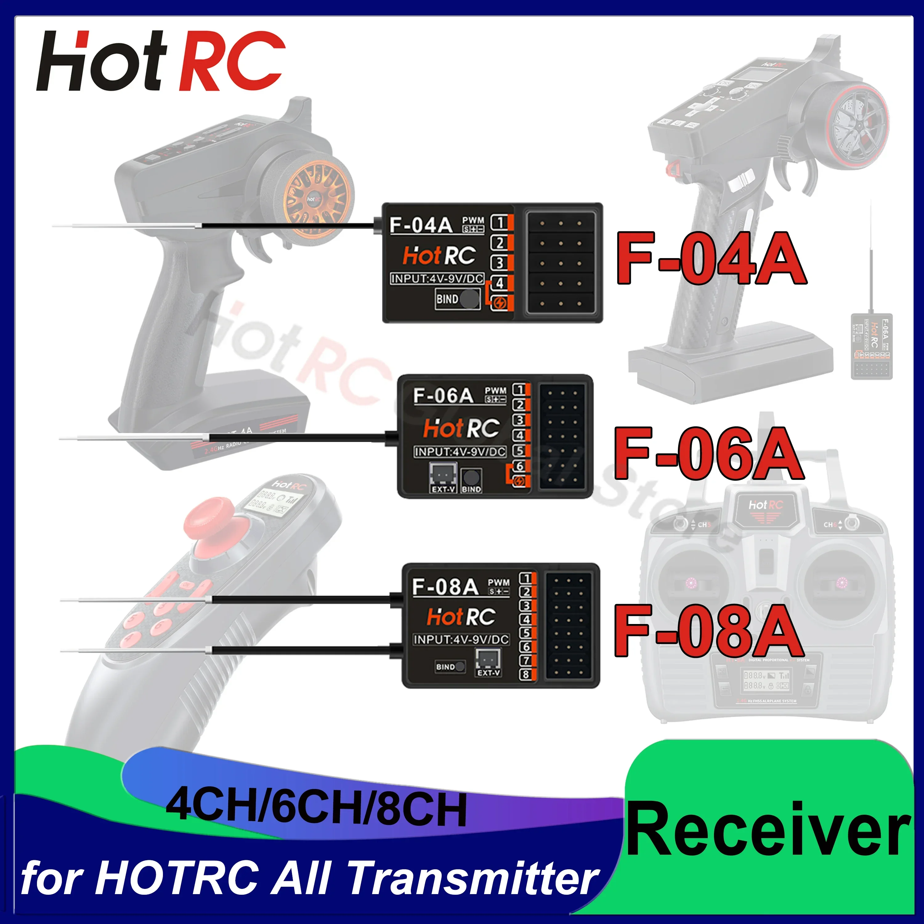 RC Model Parts 4 Channels 6 Channels 8 Channels Receiver for HotRC CT-4A CT-6A HT-6A HT8A DS600 for Car Radio Control Airplane