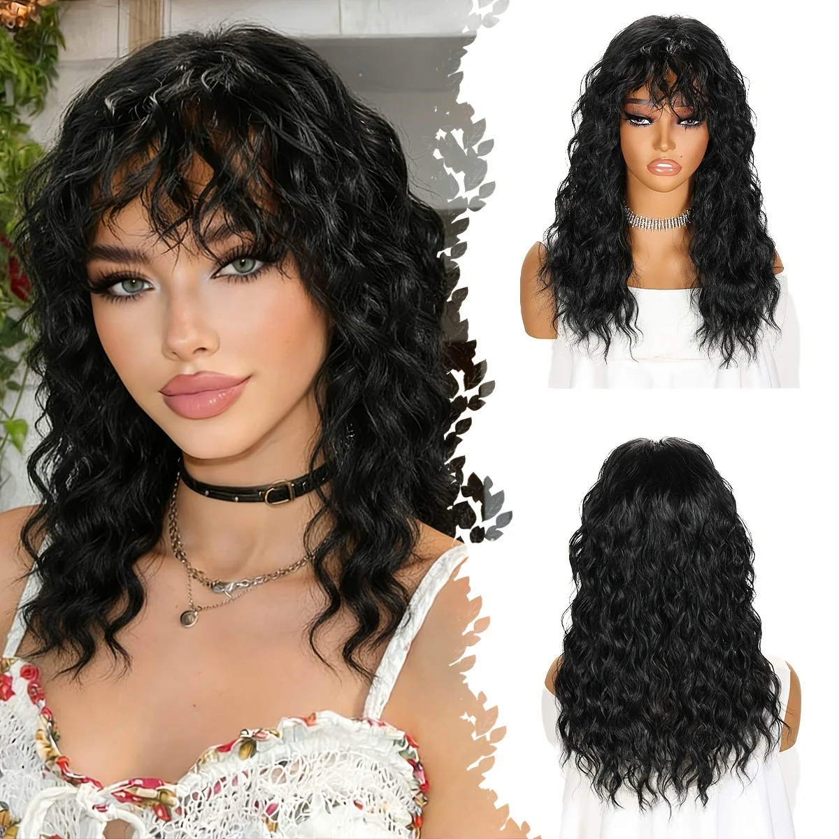 Long wigs with curly hair for ladies, with bangs, made of synthetic fiber