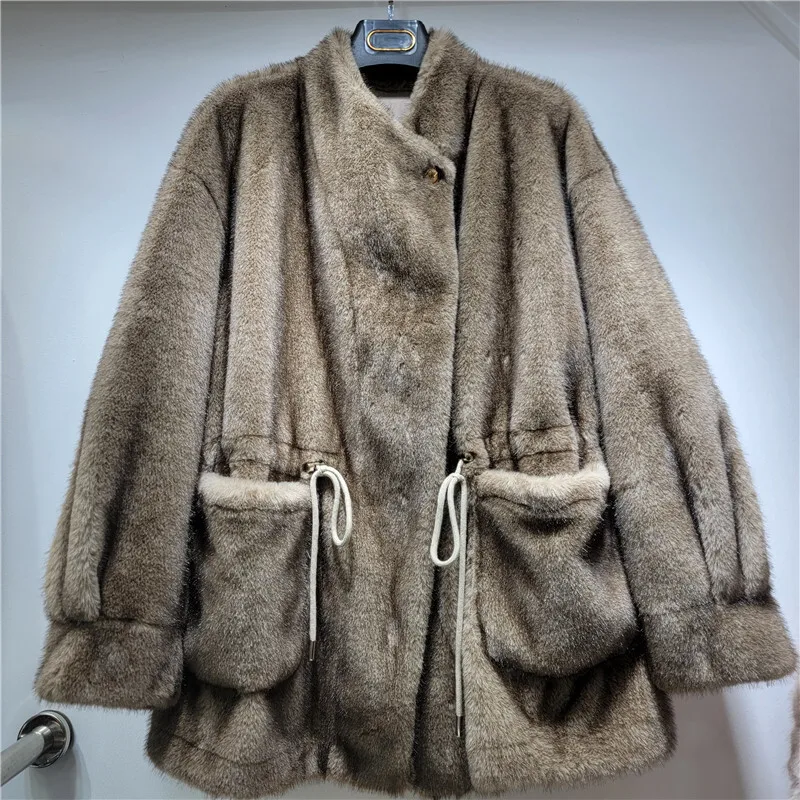 HKSH automne hiver nouveau manteau en fausse fourrure cordon taille-collant poches couleur unie pardessus de luxe élégant veste à la mode HK12969