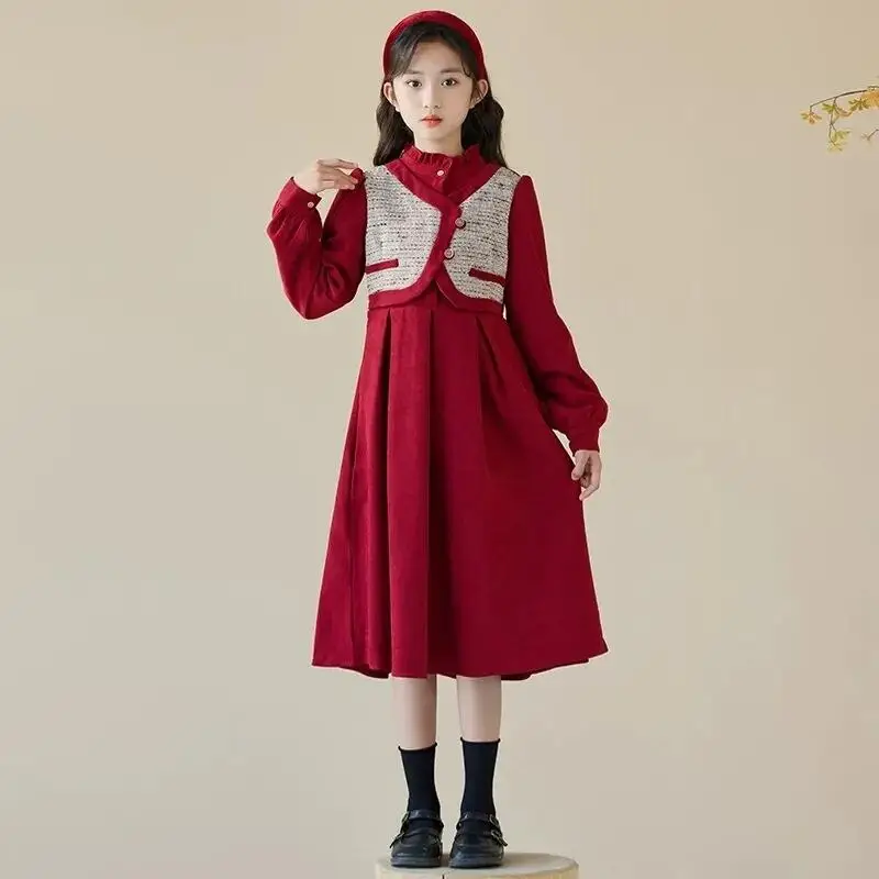 

Kawaii Girl Fashion Shirt Dress Student Spring and Autumn Casual False Two-Piece Mid-Length Princess Dress Children's Clothing