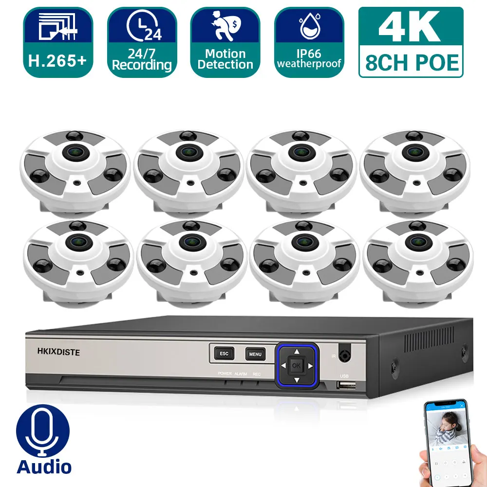 8CH POE NVR Video Surveillance Kit 4K Panoramic Outdoor Fisheye IP Security Camera System Set 4CH CCTV Camera Monitoring System