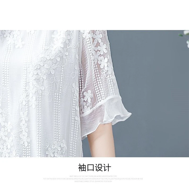 Summer Elegant Fashion Ruffles Round Neck Lace Shirt Female Half Sleeve Loose Casual All-match Hollow Out Top Women White Blouse