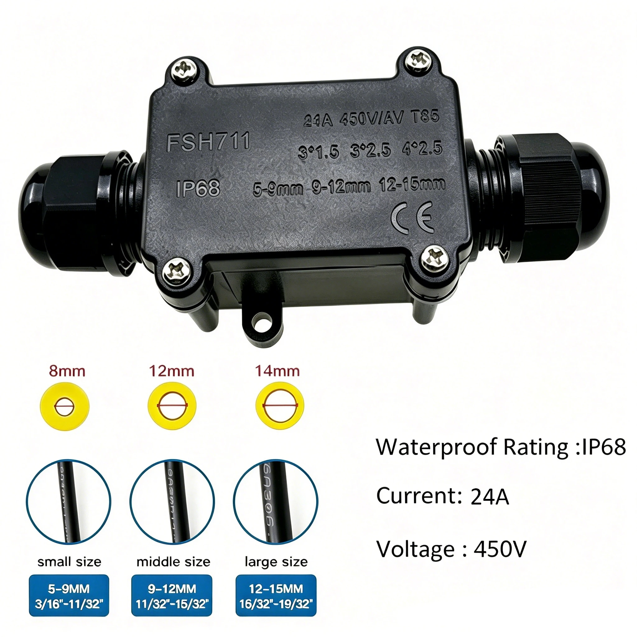 IP68 2/3 Way Waterproof Junction Box 2pin 3pin 5-15mm Electrical Cable Wire Connectors Box 24A 450V External Terminals Enclosure