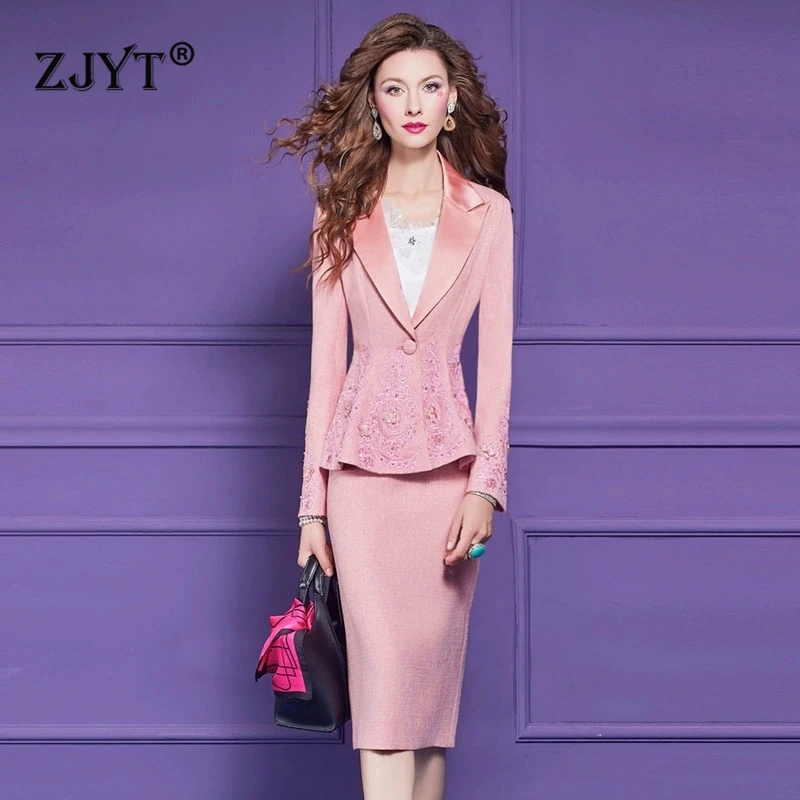 ZJYT Elegant Business Chic Dress Sets Autumn 2025 Embroidery Blazer and Skirt Suit Set 2 Piece Womens Outfit Office Party Pink