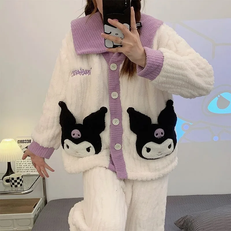 New Sanrio Kuromi kawaii pajamas for women autumn and winter coral velvet thickened large size fat MM home wear fashion set