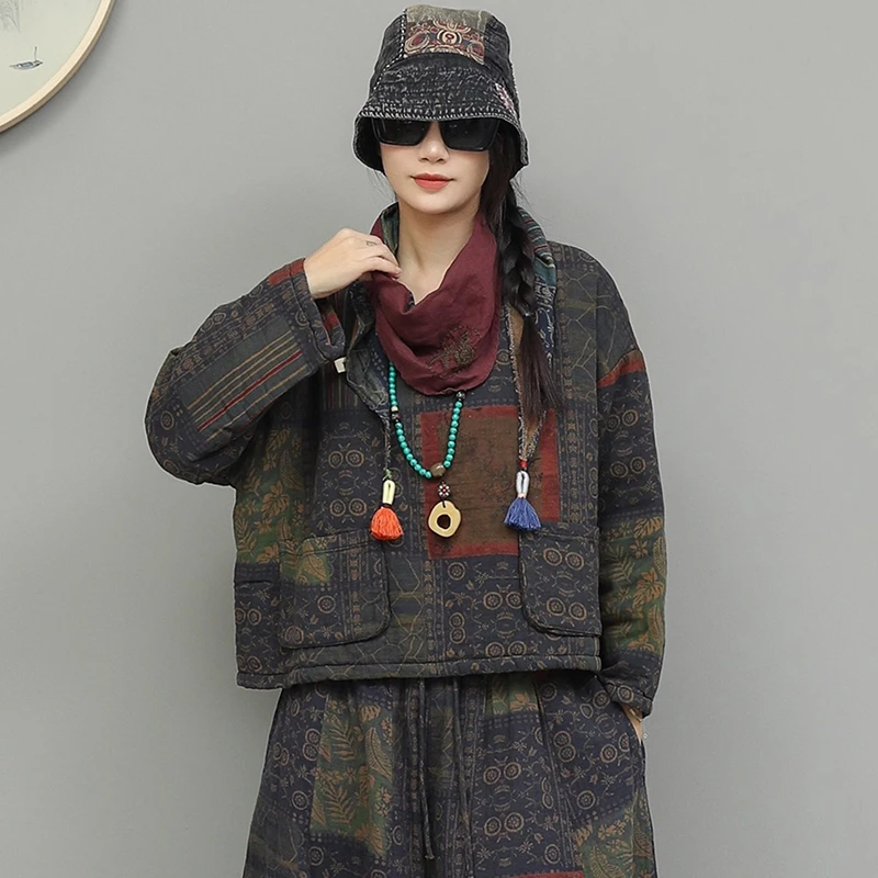 Pulôveres casuais de linho de algodão feminino nova chegada 2025 inverno estilo vintage o pescoço estampa floral feminino grosso casacos quentes m2151