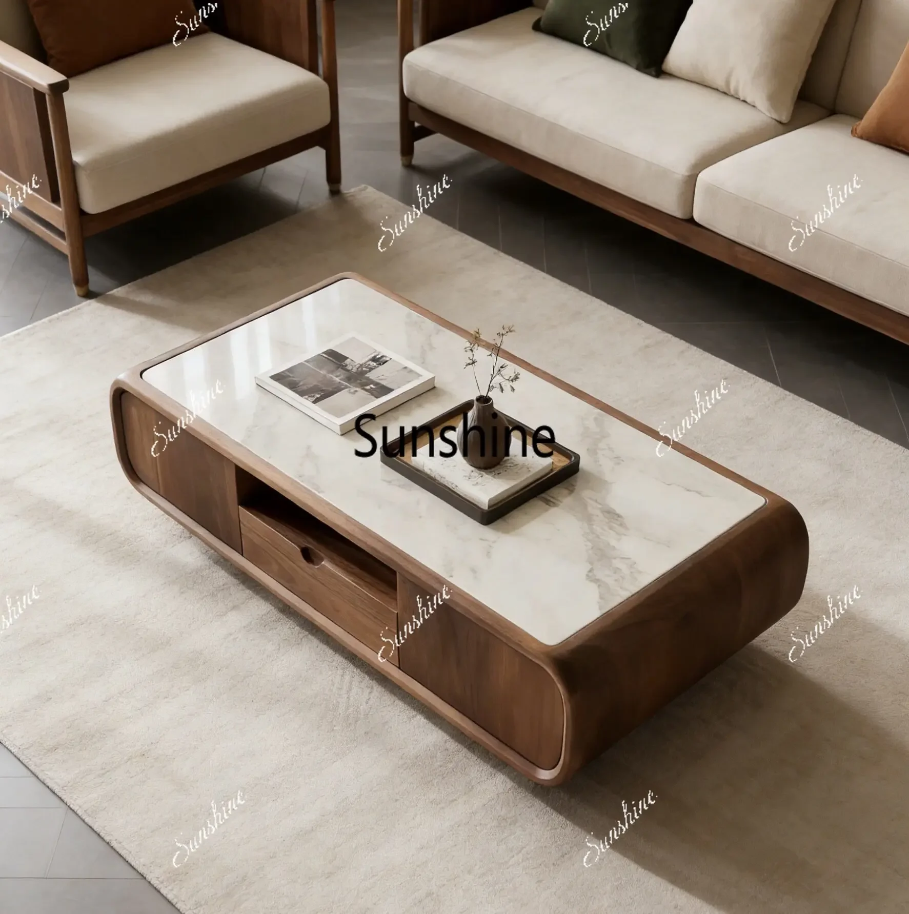 New Chinese rock slab countertop storage light luxury high-end living room solid wood coffee table, can be customized