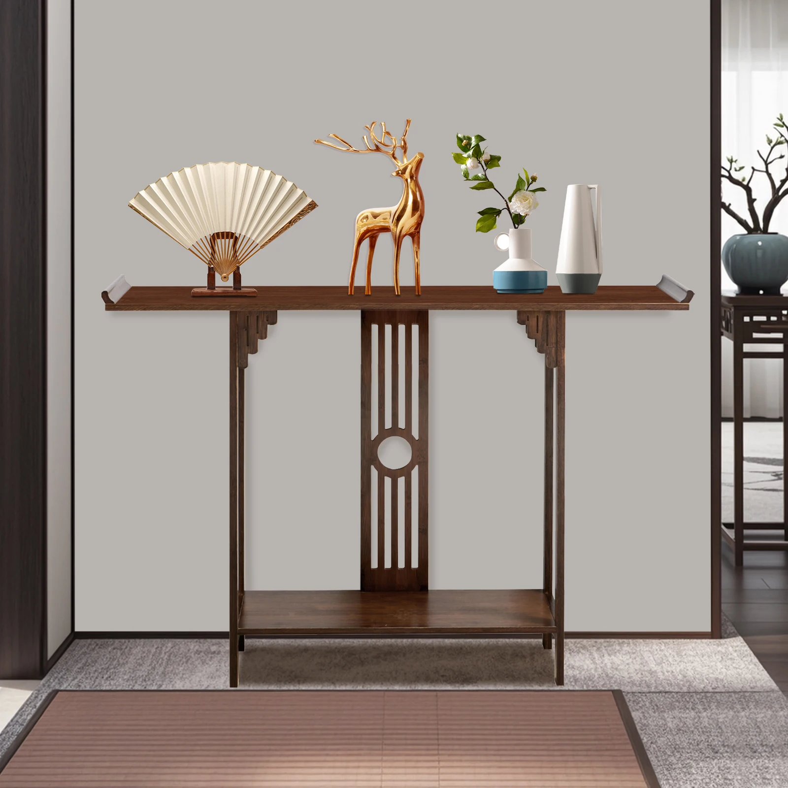 Stylish Bamboo Entryway Table: Walnut Finish, Sturdy Design, Spacious Storage with 440.92-551.15 lbs Capacity