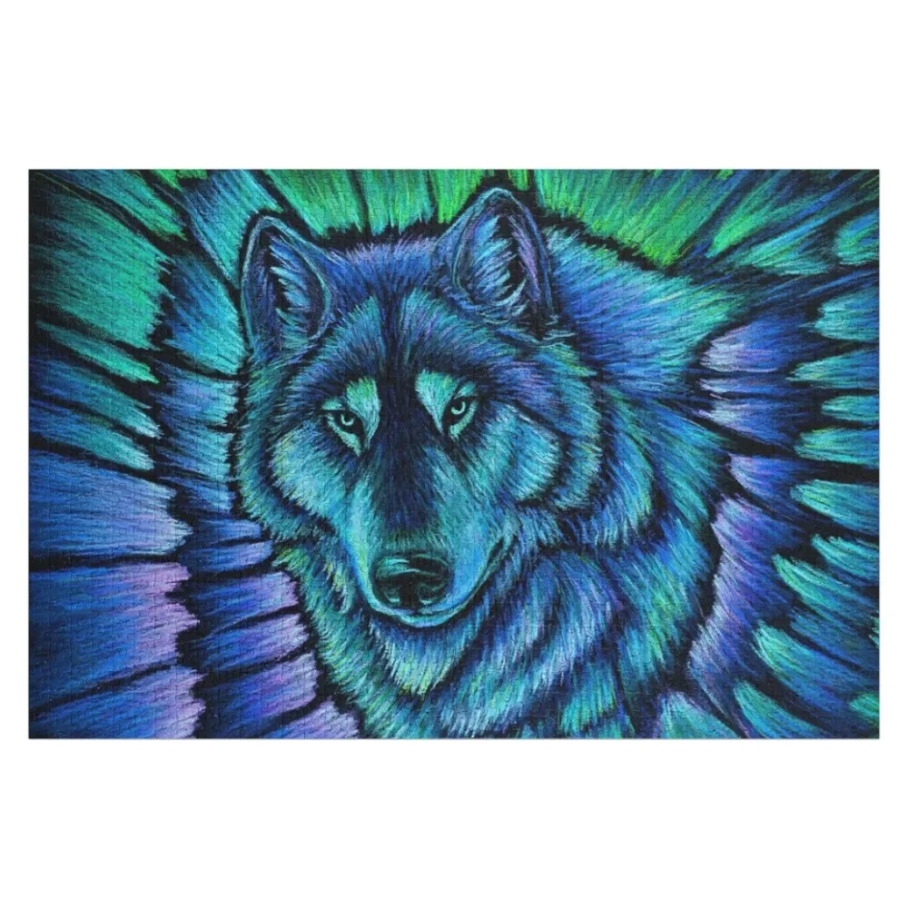 Blue Fantasy Wolf Aurora Glowing Spirit Jigsaw Puzzle nome in legno Puzzle personalizzato