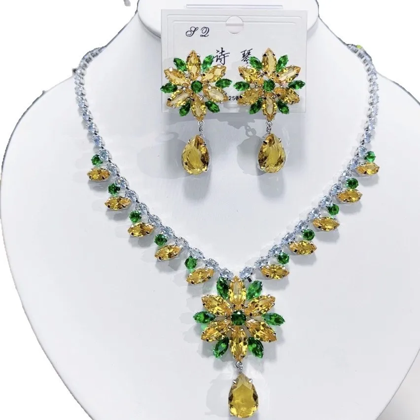 Luxury Handmade Jewelry Set Cubic Zirconia Flower Necklace Earrings Sets 925 Sterling Silver Posts Women Party Jewelry Gift