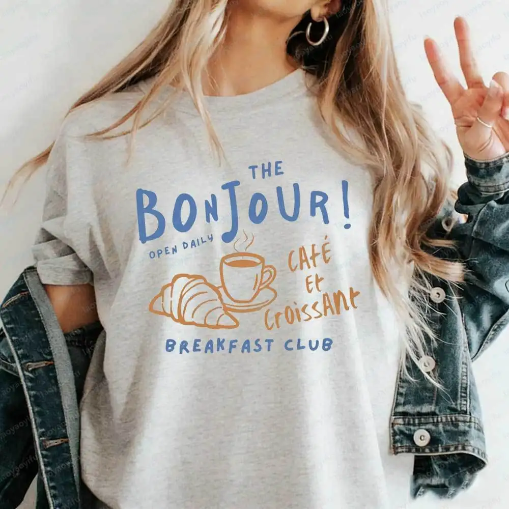Women's Bonjour Cafe Et Croissant T-Shirt Breakfast Club French Graphic Cotton Tshirt Summer Aesthetic Parisian Food Lover Tops view 2