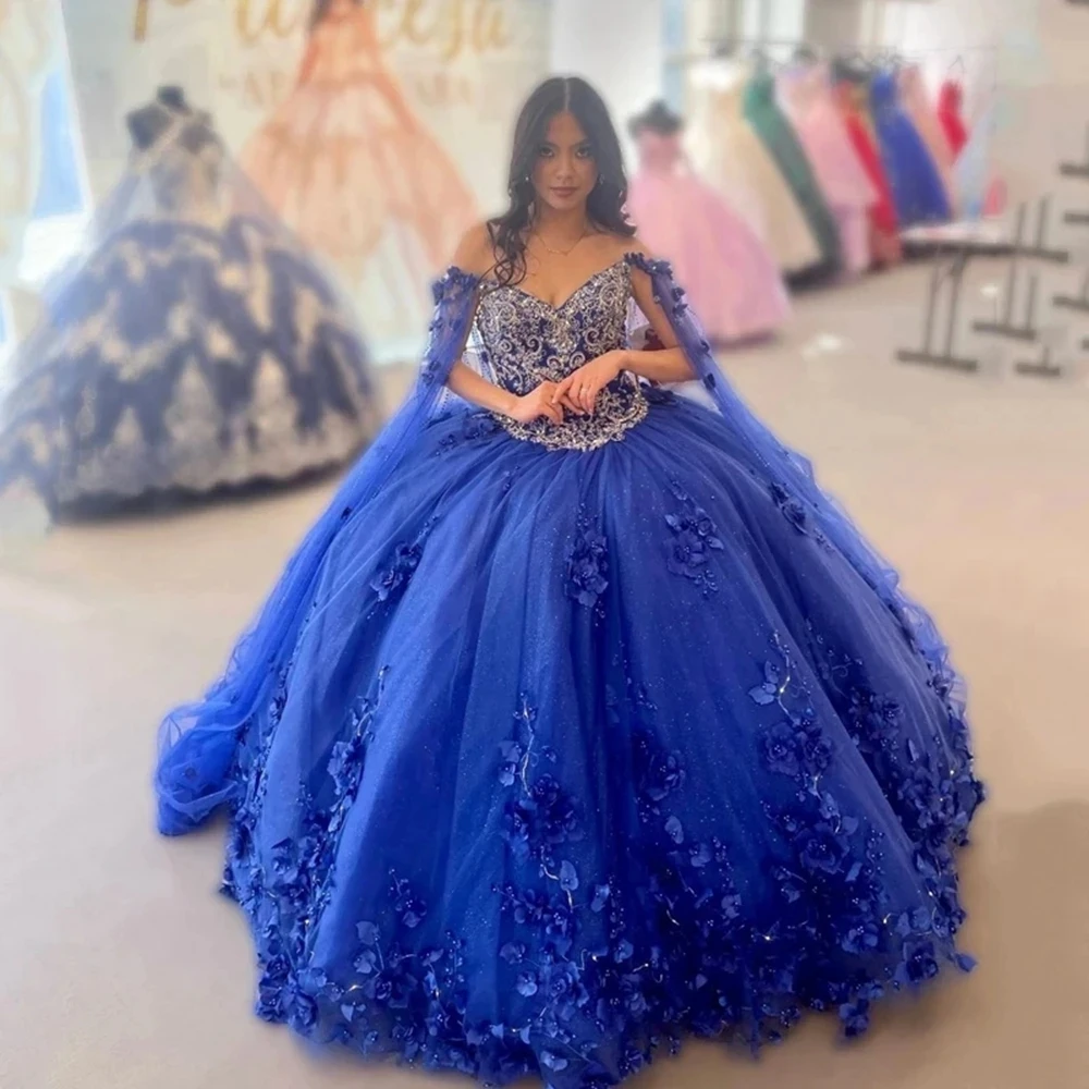 Vestido De baile De quinceañera hecho a medida, vestidos De fiesta con capa 3D, flores, azul real, 15 y 16 años