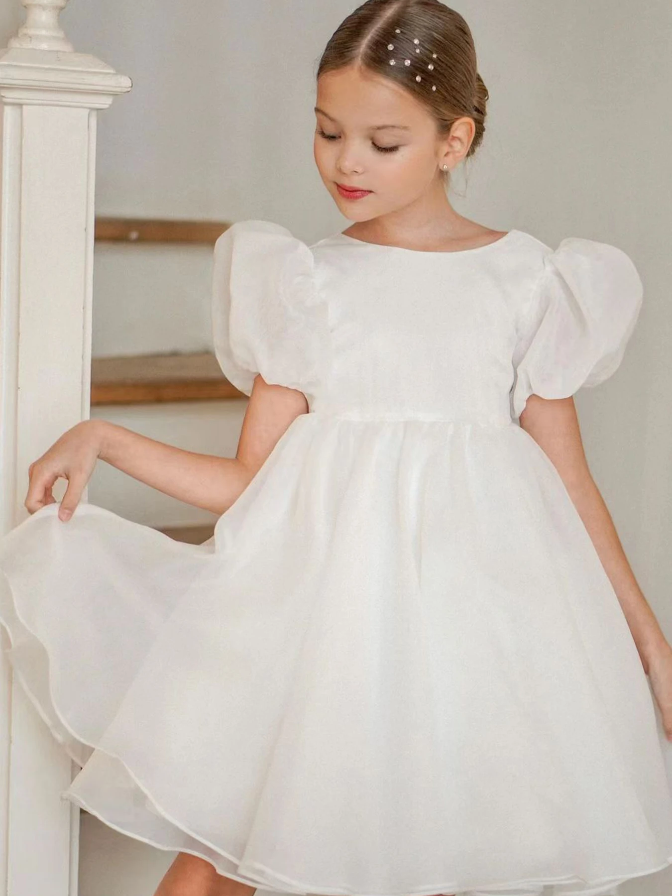 White Wedding Flower Girl Dress Sparkling Bead Cake Dress Black Girl Birthday Party Dress Beauty Pageant Piano Dress