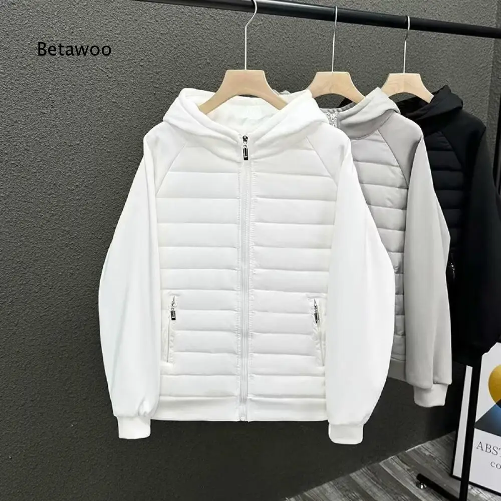 Light Warm Spliced Design Hooded Puffer Outerwear Men Zip Up Hybrid Fabric Winter Jacket For Daily Casual Outdoor Activities