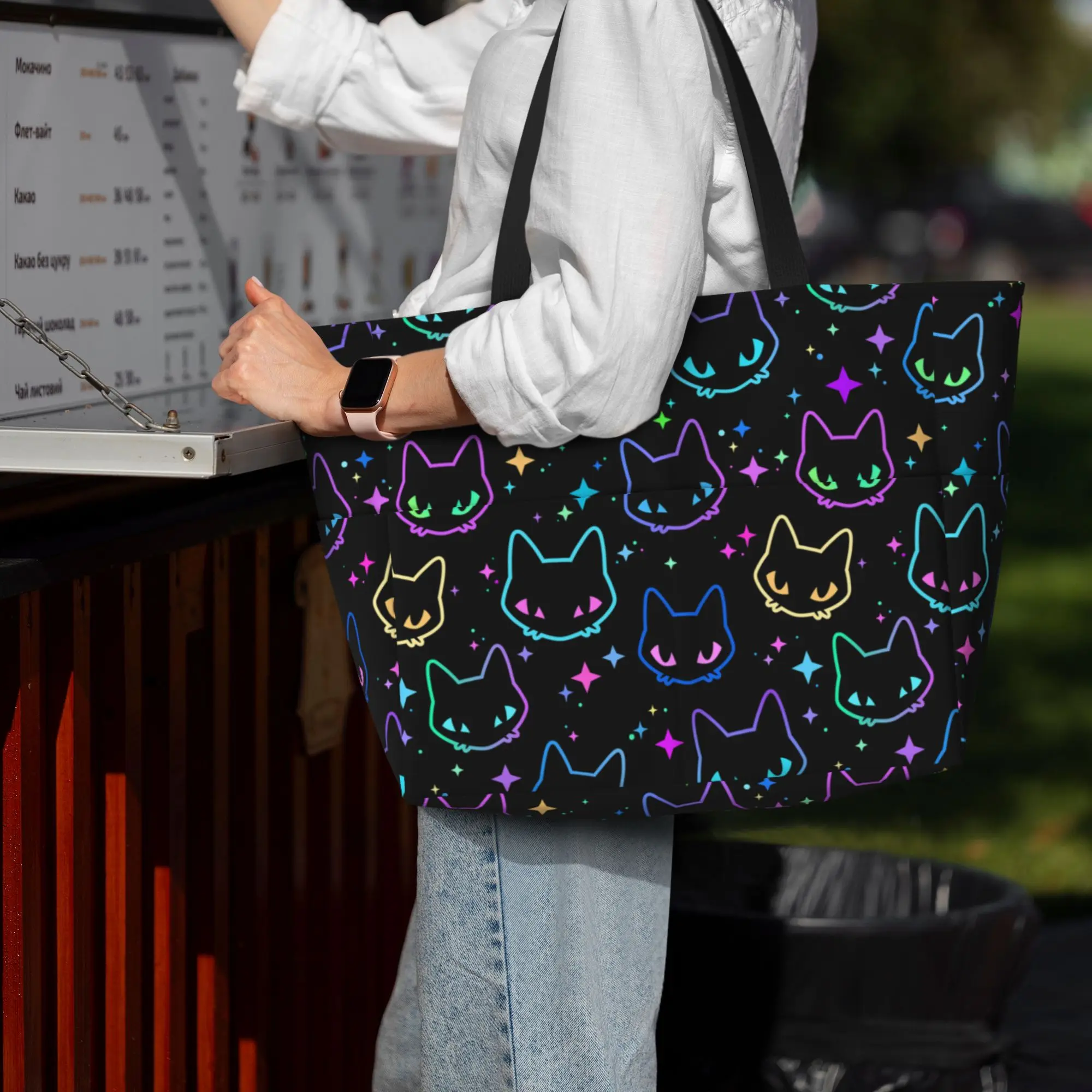 Colorful Neon Cat Heads Large Waterproof Beach Bag for Women Ladies Sandproof Tote Bag Pool Bags for Travel Vacation Gym Swim