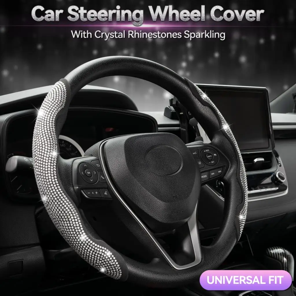 2PCS Diamond Car Steering Wheel Cover Booster Anti-slip Crystal Rhinestones Sparkling For Women Girl Car Interior Accessories