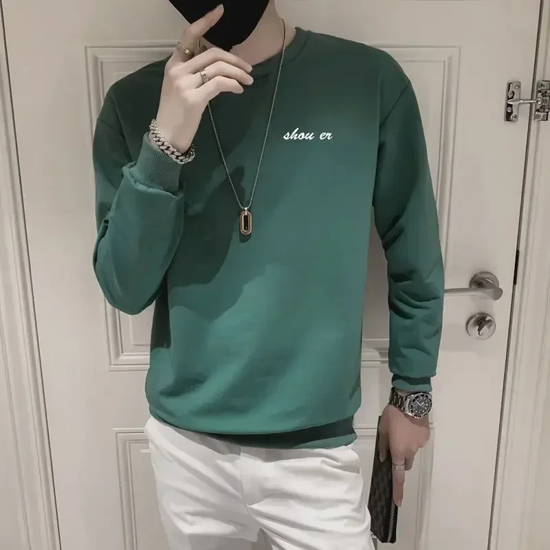 Sweatshirts For Man Pullover Hoodieless Print Men's Clothing Round Neck Top T-shirt Crewneck Green Korean Style Offers Simple