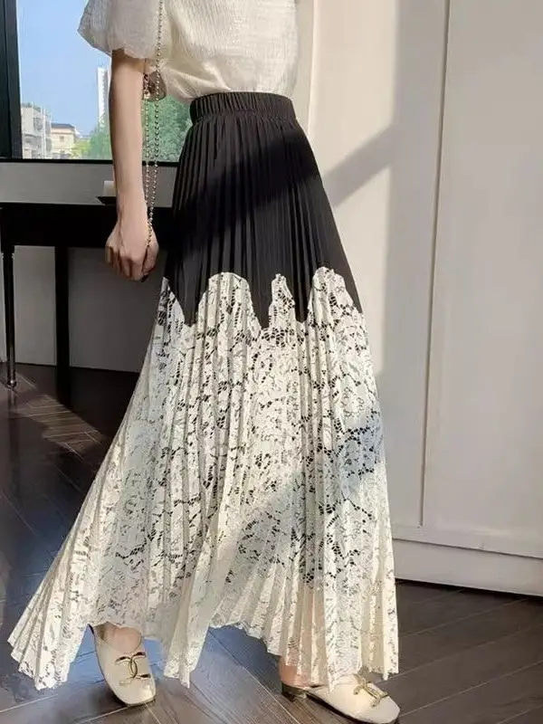 

Retro Sweet Lace Splicing Pleated Midi Skirt Women Summer High Waist A-Line Long Skirt Polyester Blend High Elasticity
