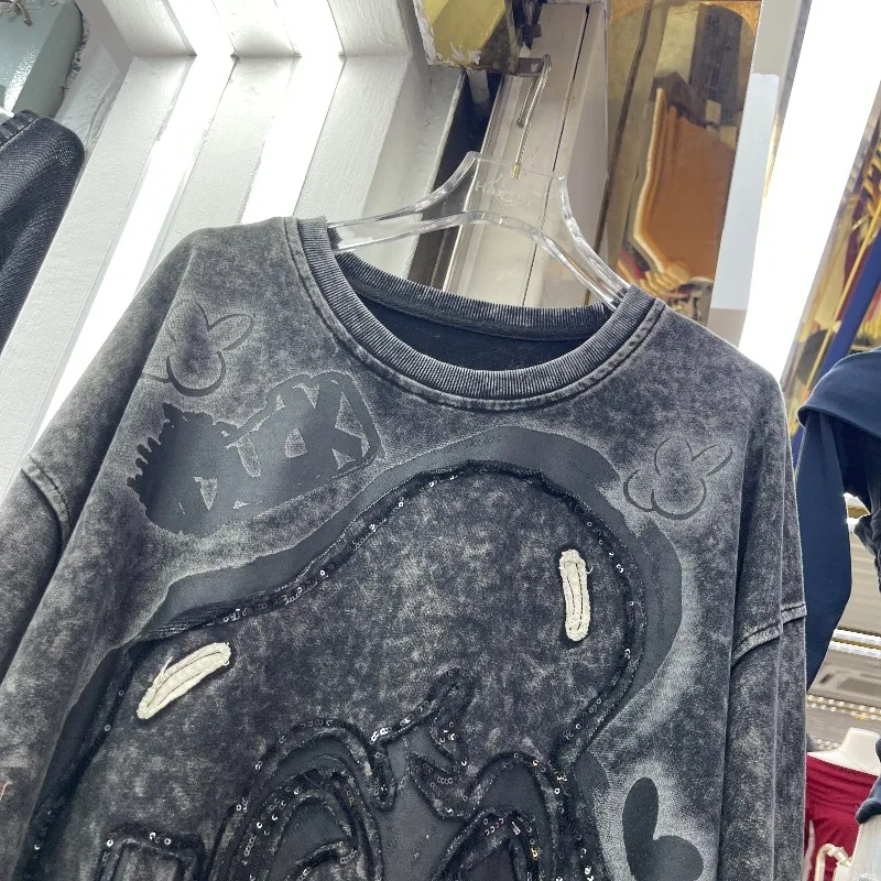 European Autumn New Kawaii Sweatshirt Heavy Industry Cool Sequin Long Sleeves Jacket Fun Printed Top Sudaderas Streetwear Women