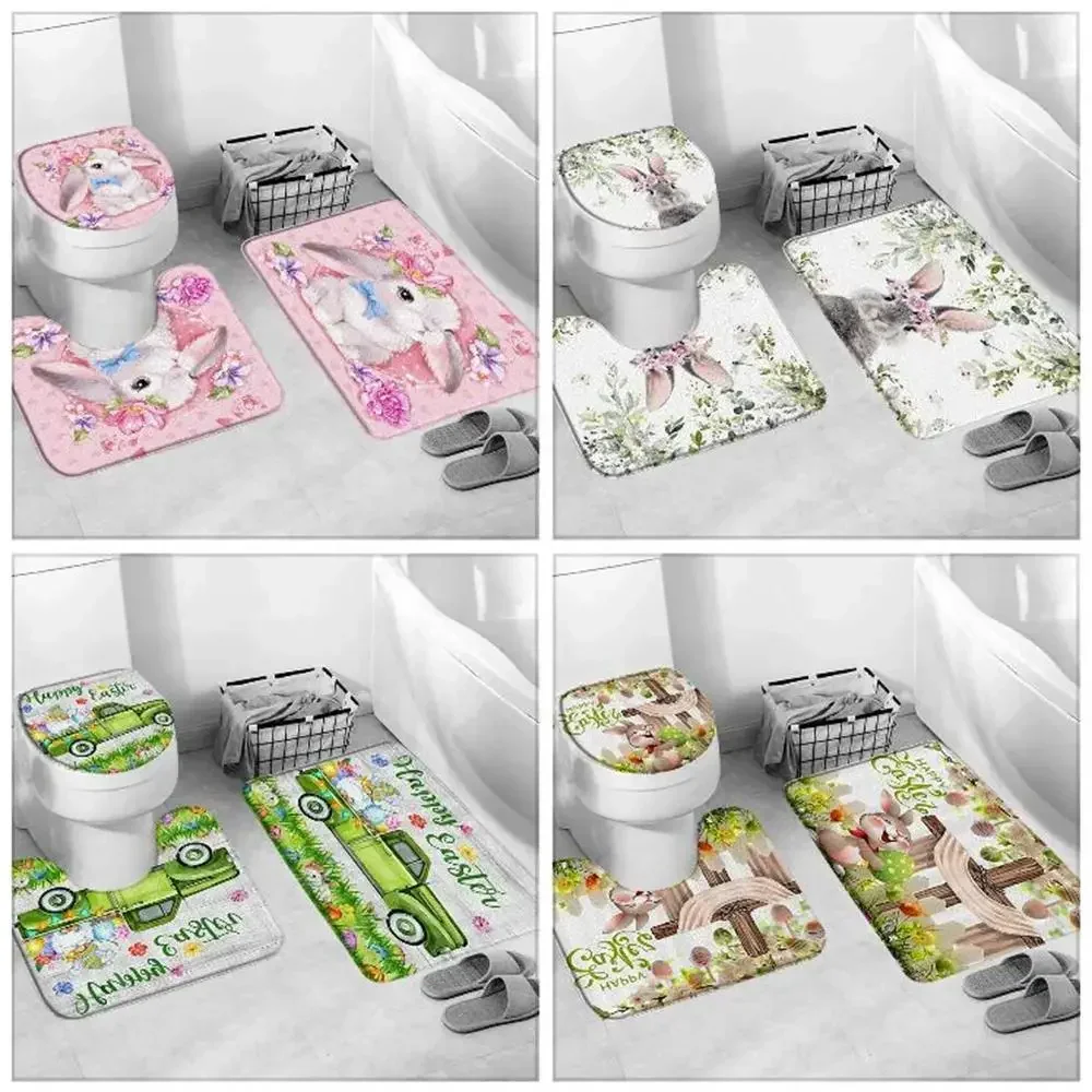 Happy Easter Rug Set Truck Bunny Elf Eggs Holiday Bathroom Bath Mats Toilet Mats Bathtub Decoration