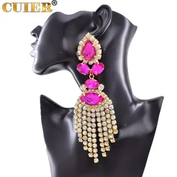 Rhinestones SS28 Dazzling17CM Long Tassel Clip on Earring for Women Jewelry Crystal AB Big Size Accessories for Drag Queen