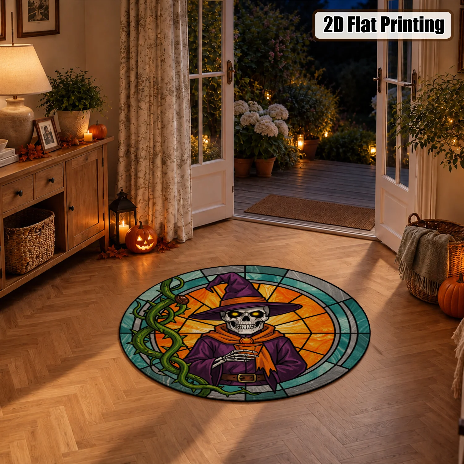 Circular Stained Glass Style Skeleton Witch with Thorn Vines Wall Decor, Velvet Fabric, Machine Washable, Soft and Durable, Ideal for Living Room, Bedroom, Party Space, Halloween, Thanksgiving, Christmas, New Year, Black Friday, Cyber Monday