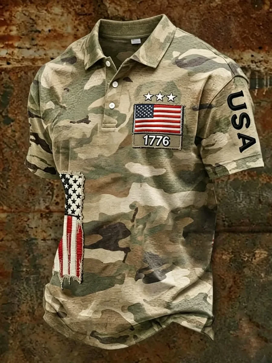 Men's American Flag Print Polo Shirt, 