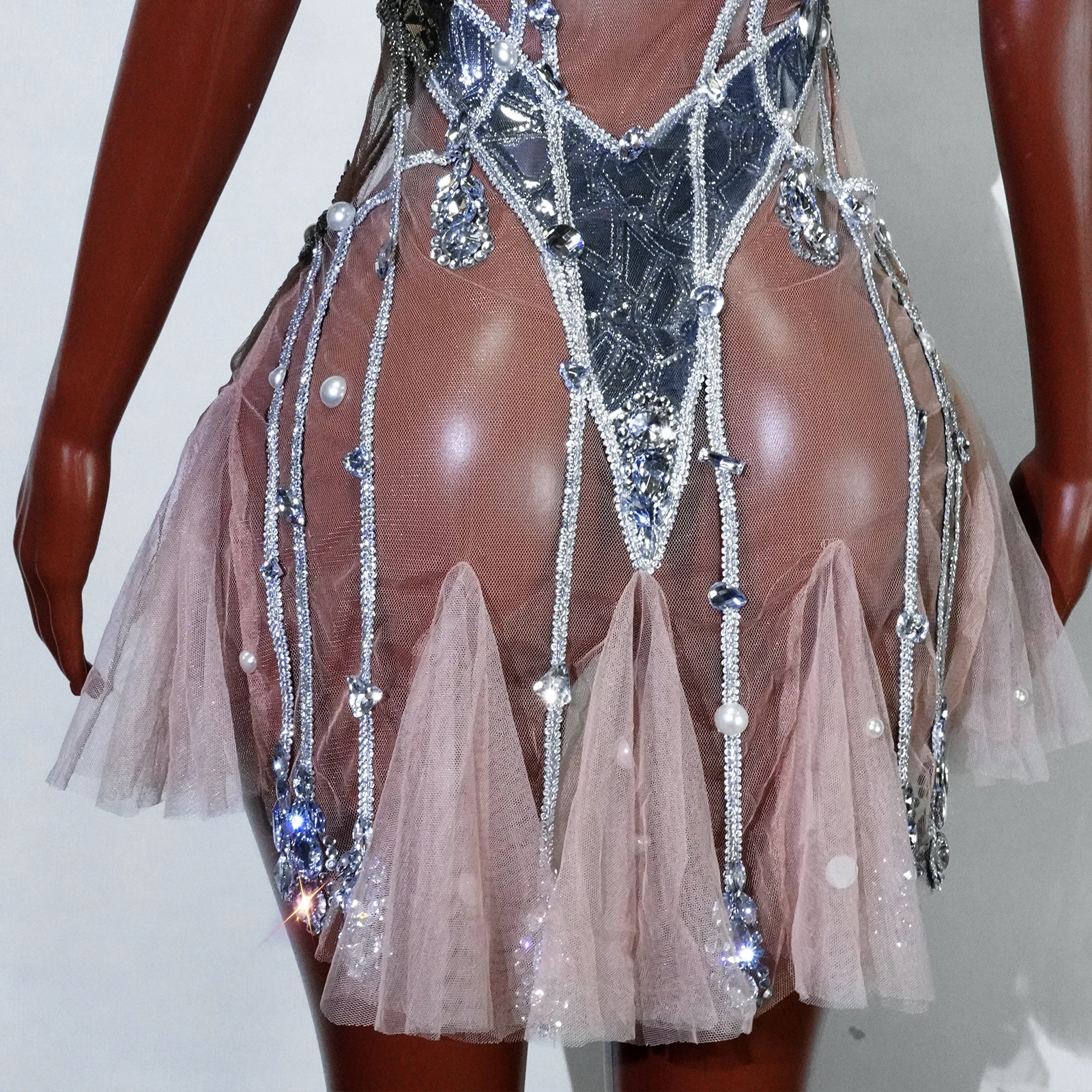 Glitter White Crystal See-through Dresses Drag Queens Costume Pole Dance Wear Gogo Dancer Outfit NightClub Stage Show Birthday