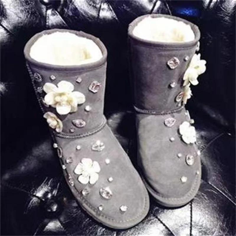 Pearl flower rhindiamonds banquet party fur one women's boots handmade custom grey thickened cotton shoes 35-39