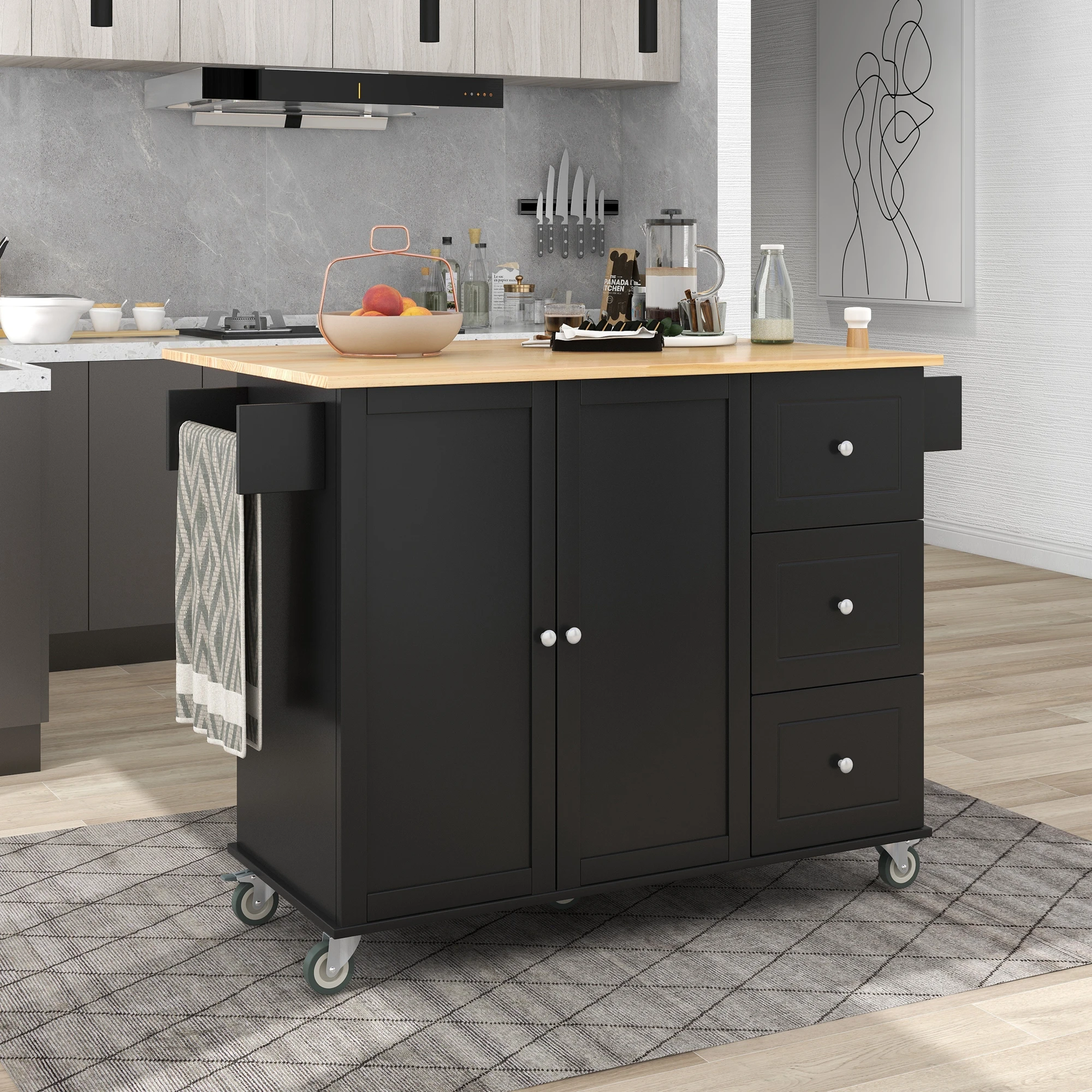 Rolling Mobile Kitchen Island with Solid Wood Top and Locking Wheels,52.7 Inch Width,Storage Cabinet and Drop Leaf Breakfast Bar