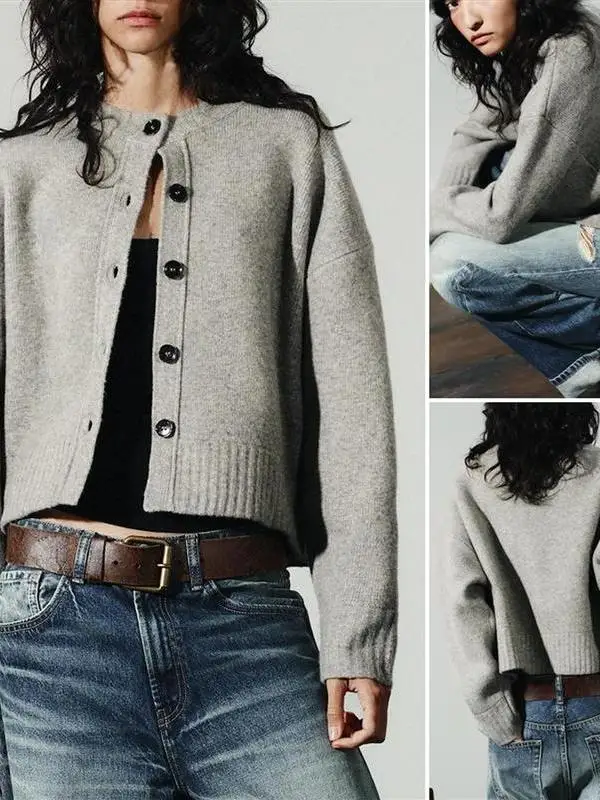 

Soft Cozy round Ne Long Sve Knitted Jaet Loose Fit Faionable Early Autumn Outerwear Women's Wool Blend Cardigan