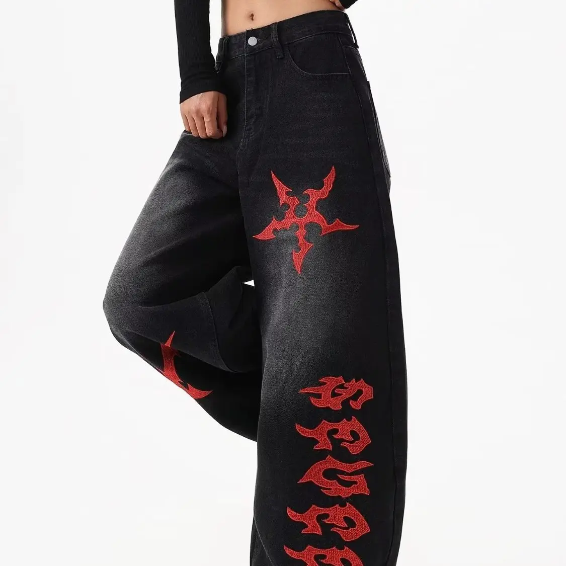 Street style American embroidered washed scimitar jeans for men and women loose wide leg dancing niche design trousers