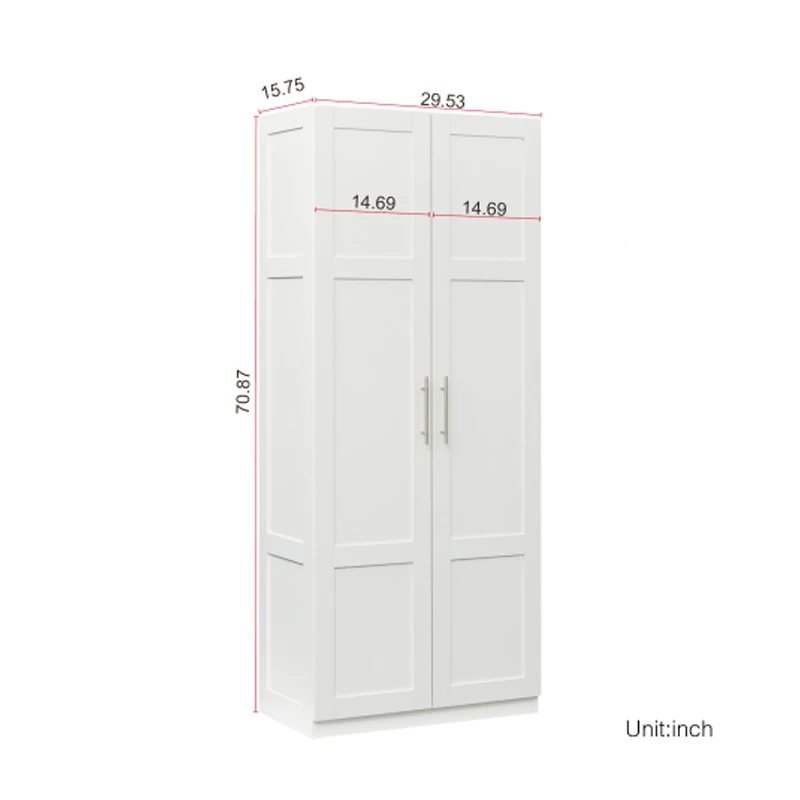 High wardrobe and kitchen cabinet with 2 doors and 3 partitions to separate 4 storage spaces,white